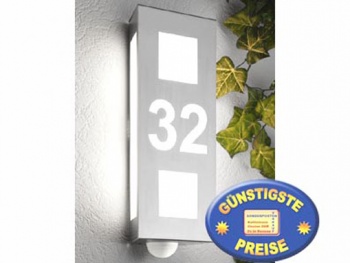 Wandleuchte Edelstahl mit Hausnummer und Sensor Cenator CM 26/BM/HN 
